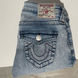 True Religion Light Blue Washed Denim Jeans with Signature Back Pocket